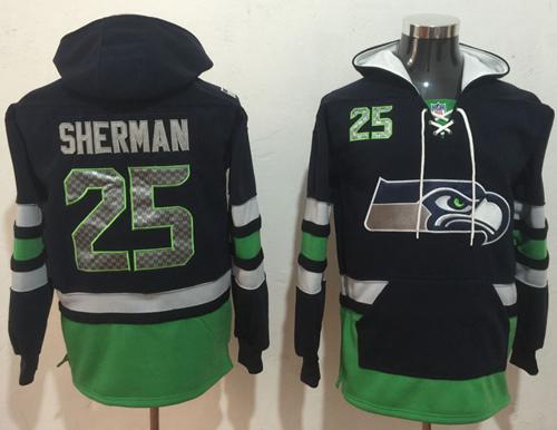 Nike Seahawks #25 Richard Sherman Navy Blue/Green Name & Number Pullover NFL Hoodie